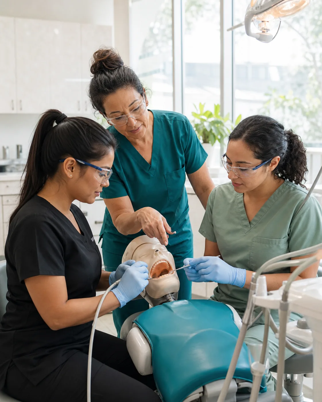 Dental assistant students receiving hands-on instruction in a modern training lab