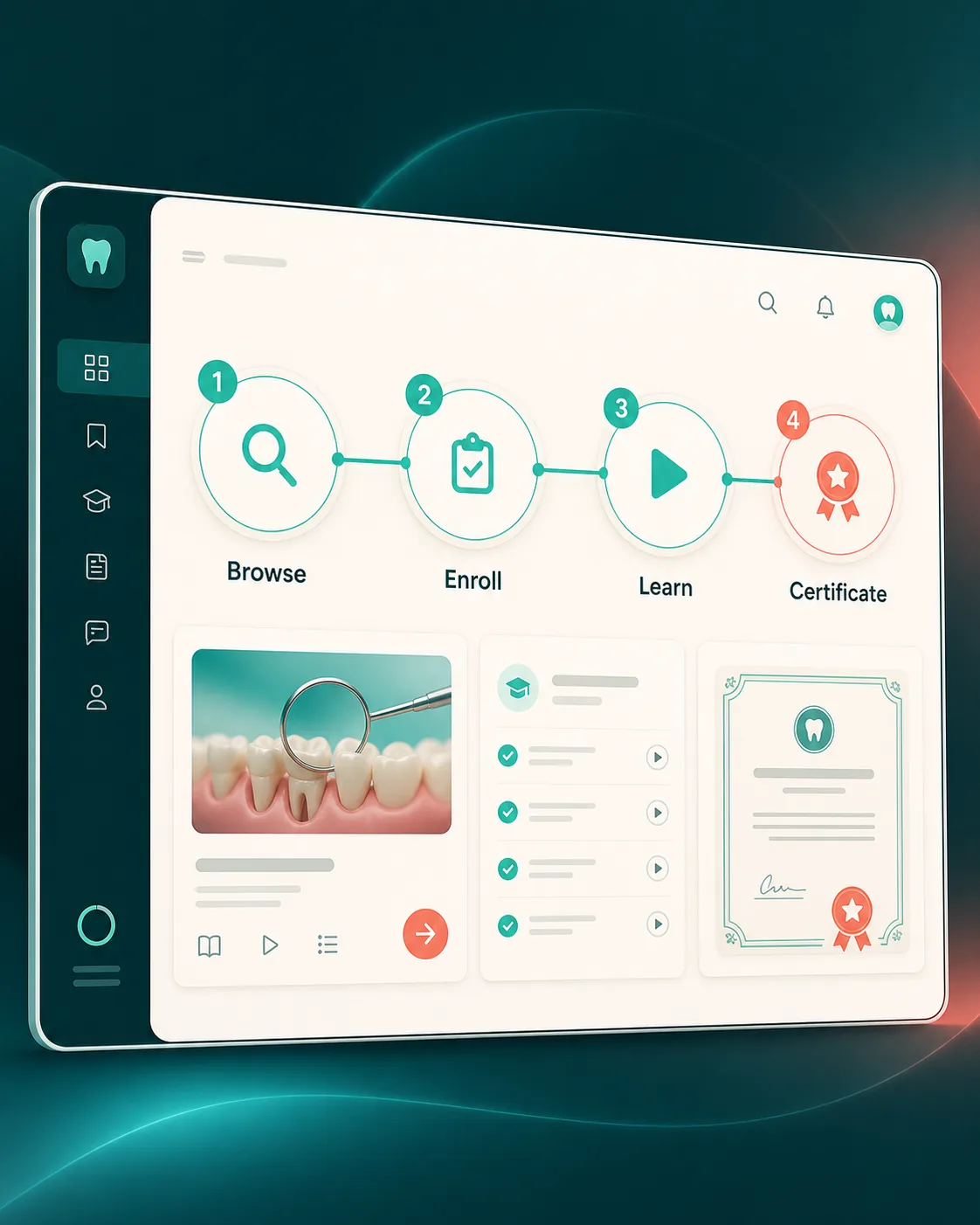 Conceptual illustration of the EFDAA Direct student platform showing the connected steps Browse, Enroll, Learn, and Certificate